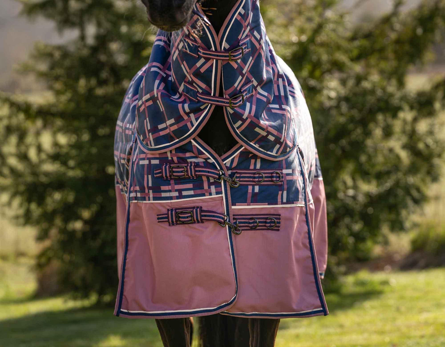 Caribu Alpine Detach-a-Neck Horse Rug 100g Rose Check